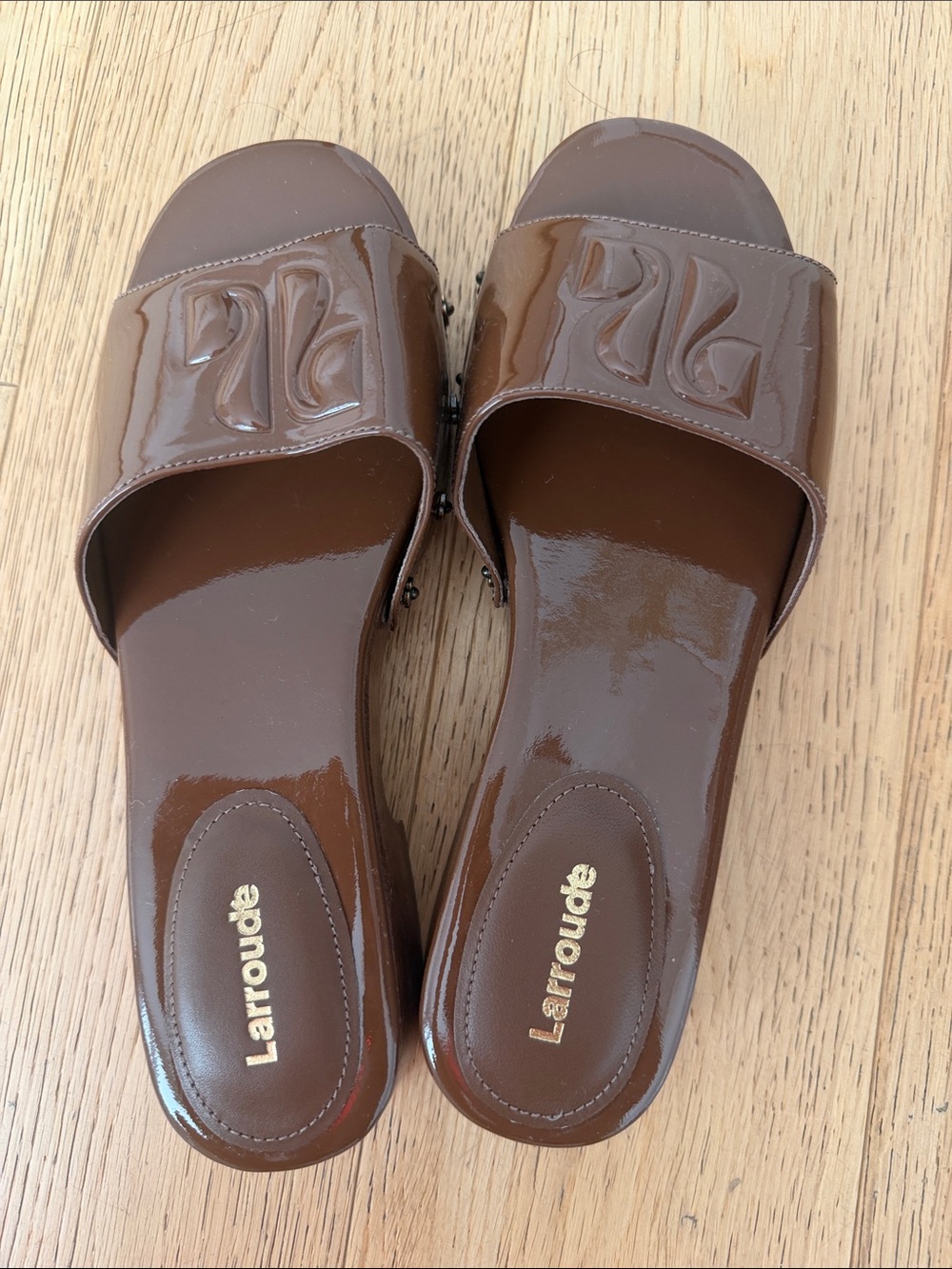 Larroude Brown Patent Slide Mules